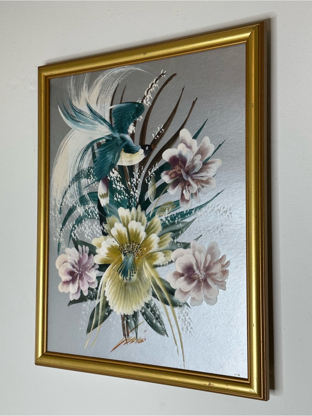 Vintage Framed Metallic Bird Painting